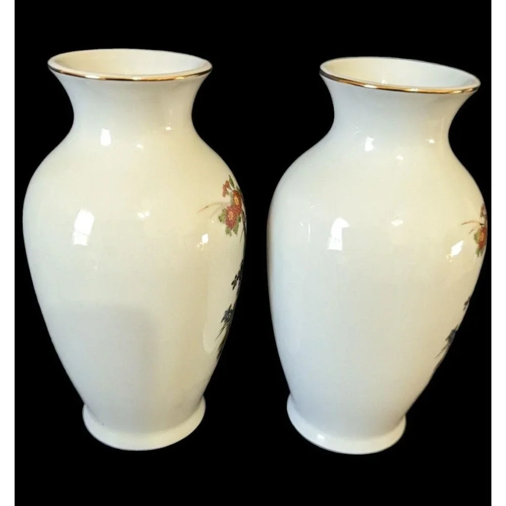 Vintage Arnart Japan Peacock Floral‎ Porcelain Bud Vases Gold Trim Set of 2